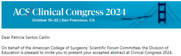 I am beyond excited to share that my first abstract as first author has been accepted for an oral presentation at the prestigious American College of Surgeons.