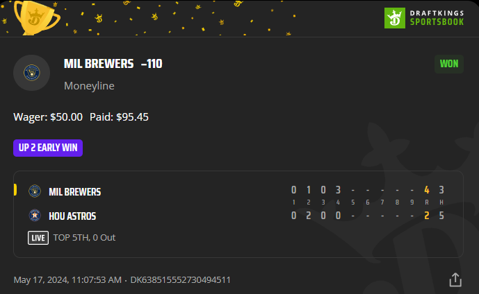 LogicalDFS's tweet photo. Bam, It's another one. The Brewers hit #up2early.
That makes 29 of 32 straight days hitting this prop ✅
I really appreciate the support. I'm all about nickel n diming some money in the hard working peoples pockets.
Likes and re-tweets are appreciated.
@NorthForker12 @MathWinsBets @BetSharpMoney