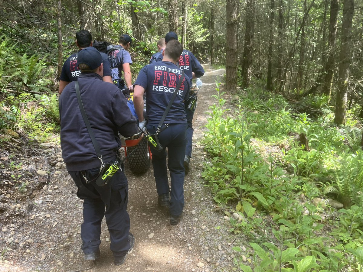 Late this afternoon, East Pierce firefighters responded to a mt. bike crash about a half mile inside the entrance to the Bacon Pancakes trail in #Tehaleh. Fortunately, the patient was wearing a helmet and was transported to an area hospital with non-life-threatening injuries.