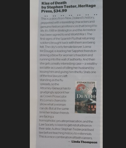S_Tester_Author's tweet photo. Greetings, followers,
Check out the review of Kiss of Death which appeared across the NZME regional newspapers today - thank you to Linda Thompson for the endorsement! https://t.co/OzbJSl8W4p