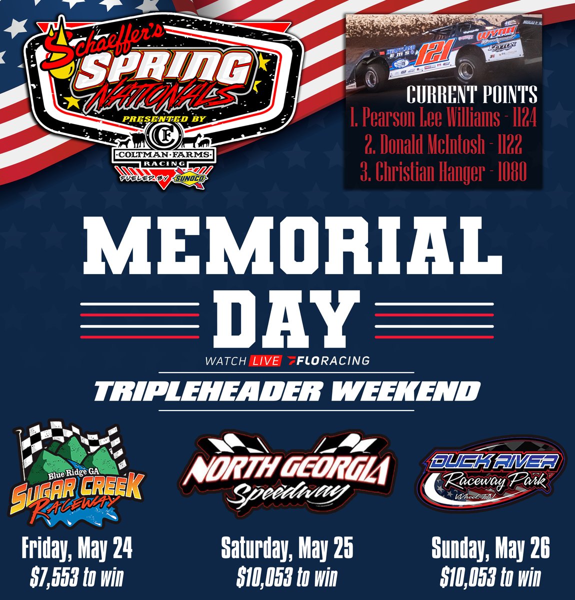 💥 ONE WEEK AWAY! The @SchaefferOil Spring Nationals rolls into GA & TN over the Memorial Day holiday weekend for a trio of big events! In addition to the $27,000+ in first place prizes, a Champion will be crowned following the point finale on Sunday at Duck River Raceway Park.