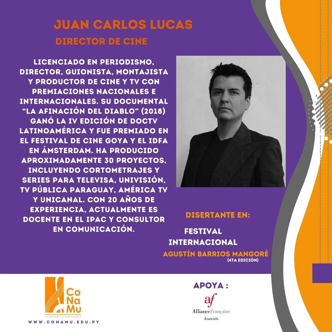 Festival Internacional “Agustín Barrios Mangoré” 4ta Edición.

🔸Inicará el martes 21 de Mayo con la Charla «El séptimo arte y su recorrido por las siete notas musicales« a cargo del Director de Cine Juan Carlos Lucas.
📌 15:00 horas, CONAMU Sede Central- Edificio Fleming