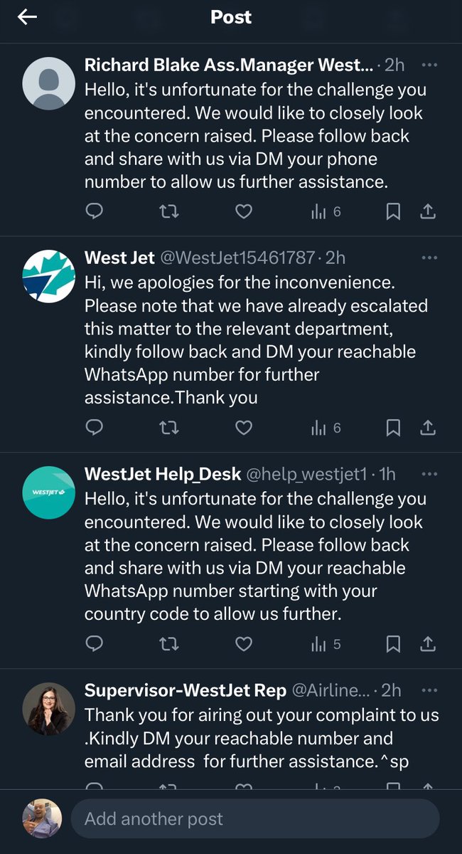 Apparently complaining about #WestJet unleashes an army of fake accounts offering to help.