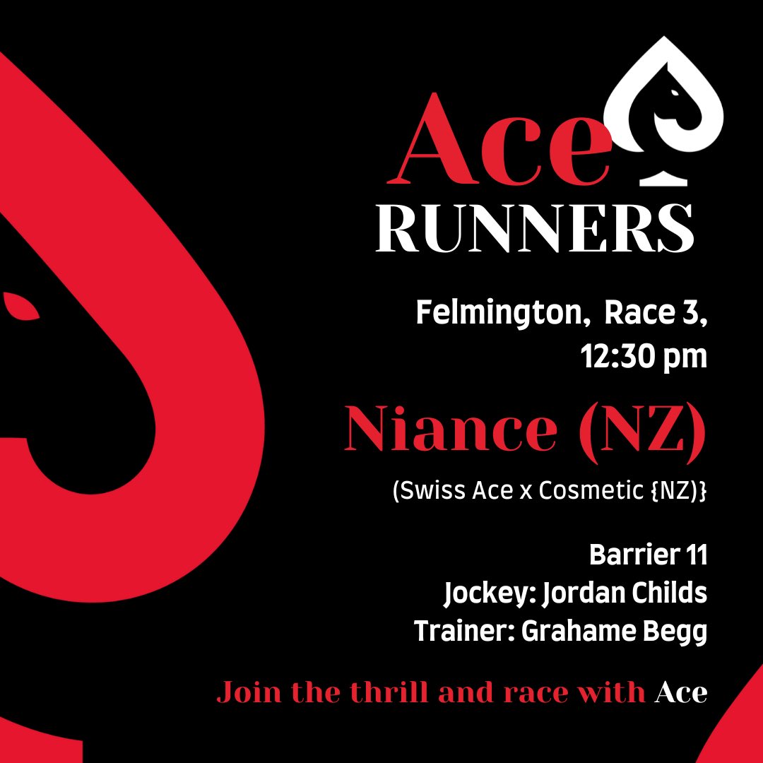 AceBloodstock's tweet photo. ♠️ We’re looking forward to heading to @FlemingtonVRC this afternoon as Niance takes on Race 3 in the hands of @JChilds47 for @Grahame_Begg.
There’s nothing better than Saturday arvo racing with a great group of mates 🍀
#RaceWithAce #JoinTheThrill https://t.co/9SOHbmq3Wo