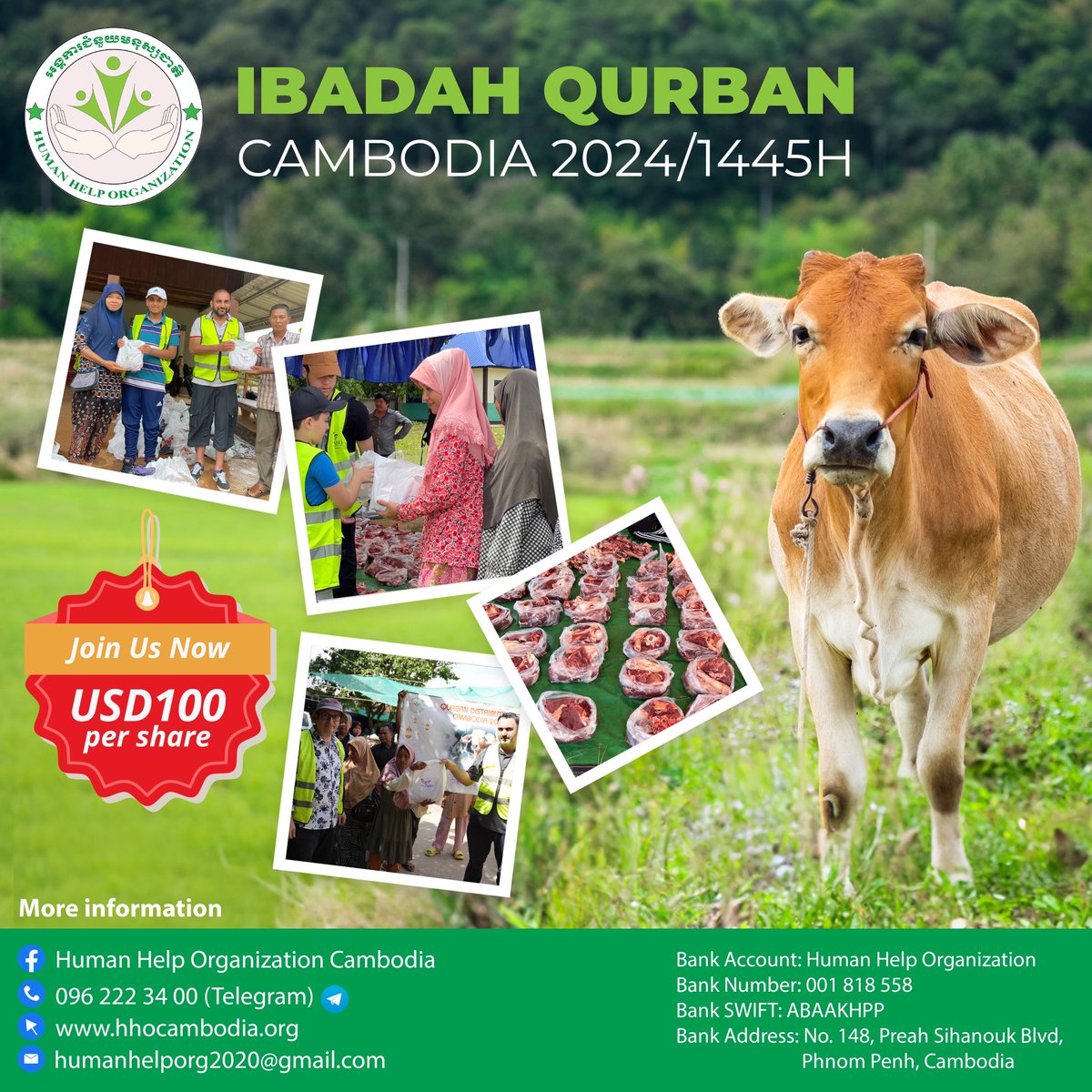 Ibadah Qurban Cambodia 2024/1445H 

Join us now for USD100 per share! This Eid al-Adha, contribute to a meaningful cause and support our local communities in Cambodia. Your participation will help provide meat donations and aid to those in need.