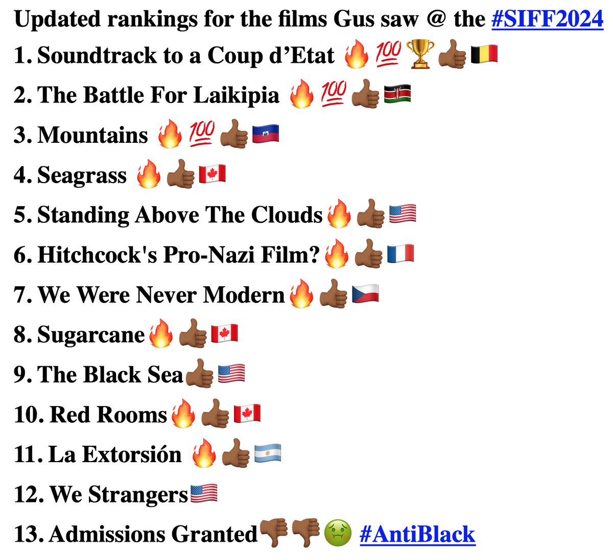 #SIFF2024 #SIFFTY
Gus T. should be able to add 4 more films to the list before the festival concludes on Sunday. I'm am very excited to see the Luther Vandross documentary Sunday morning and 'After The Fire' 🇫🇷 later that day.