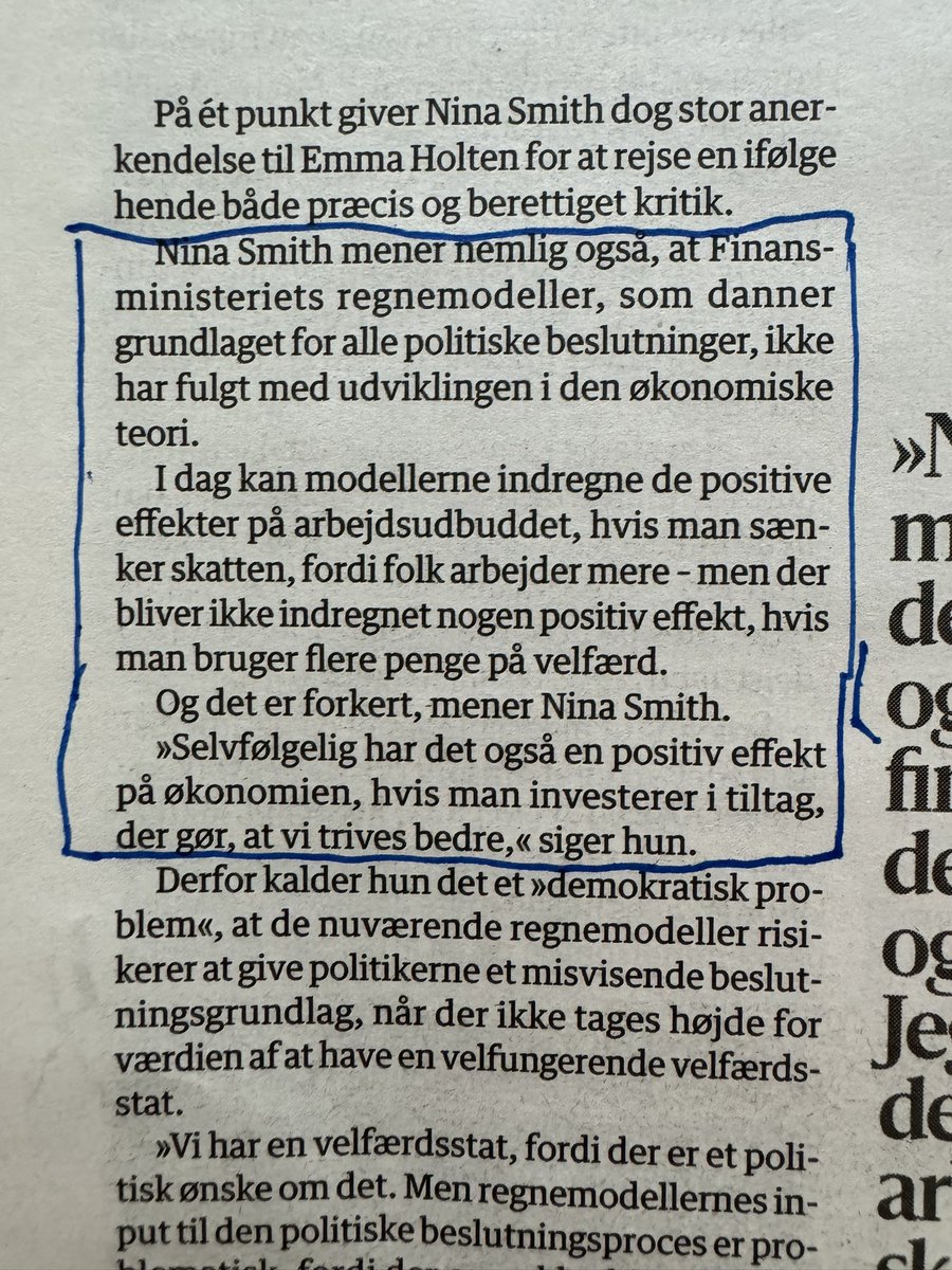 “Nina Smith mener at Finansministeriets regnemodeller, som danner grundlaget for alle politiske beslutninger, ikke har fulgt med udviklingen i økonomisk teori. I dag indregner modellerne positive effekter på arbejdsudbuddet af skattesænkninger fordi folk arbejder mere - men der