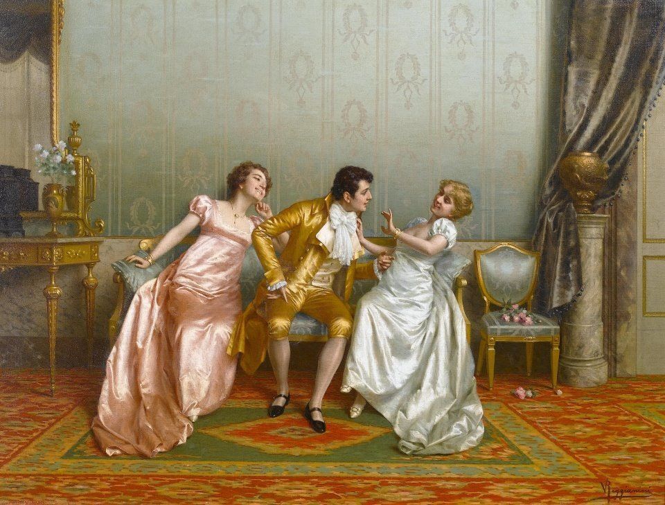 Flirtation by Vittorio Reggianini (Italian artist, lived 1858–1938). Speech bubbles needed here. 🗯️ 🤔 'Mr Plymdale! I suspect you of being an accomplished flatterer.'