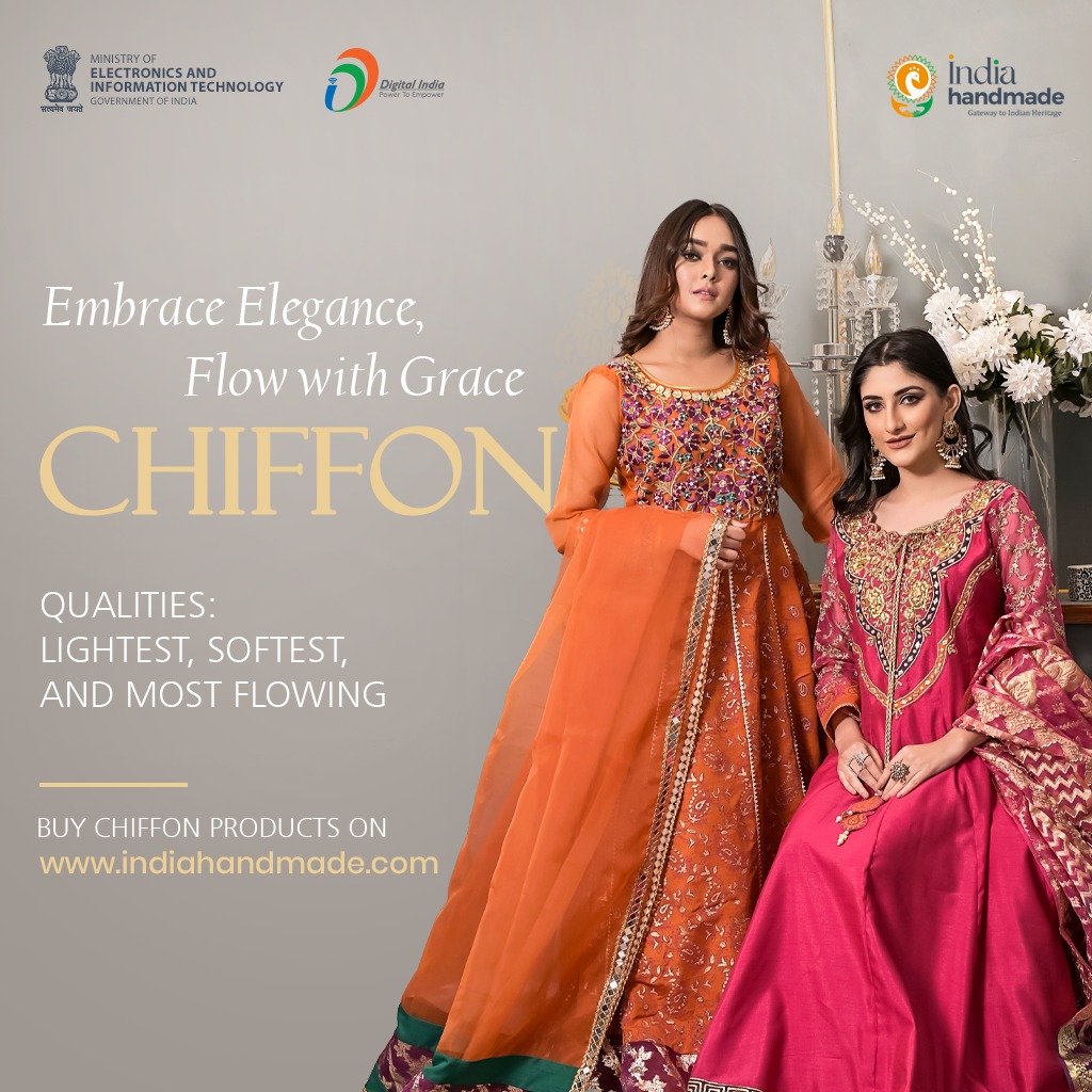 Your summers will be wonderful, varied, and stylish with Chiffon, a lightweight & soft fabric that can be used with other fabrics as well. Choose your favourites on indiahandmade.com. #DigitalIndia #FabricsForSummers @Indiahandmade_ @TexMinIndia @DigitalIndiaCrp