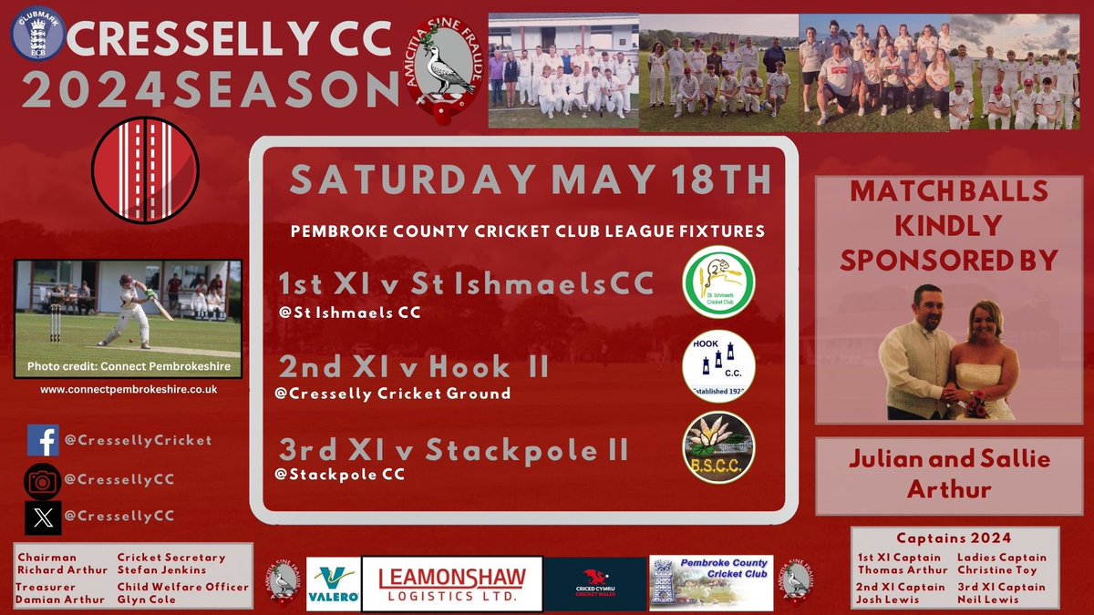 Cresselly CC (@cressellycc) on Twitter photo Saturday May 18th
1st XI v <a href="/TishCC1/">St. Ishmaels Cricket</a>
2nd XI v <a href="/HookCricketClub/">Hook Cricket Club</a>
3rd XI v <a href="/StackpoleCC/">Bosherston & Stackpole Cricket Club</a>
Match-balls kindly sponsored by Julian and Sallie Arthur Saturday May 18th
1st XI v <a href="/TishCC1/">St. Ishmaels Cricket</a>
2nd XI v <a href="/HookCricketClub/">Hook Cricket Club</a>
3rd XI v <a href="/StackpoleCC/">Bosherston & Stackpole Cricket Club</a>
Match-balls kindly sponsored by Julian and Sallie Arthur