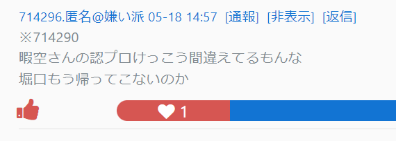 好き嫌い覗いたらちょっと話題になってたので。
15時前の時点で「堀口が来なかった」と過去形で書けるのは、今日は絶対来ないことを知ってる人の認知だと私も思います。
この二人はコンビ打ちにしか見えませんね。
これが真だとしたら堀口さんは戻ってこないと1bit軍団内で周知されてる可能性もある。