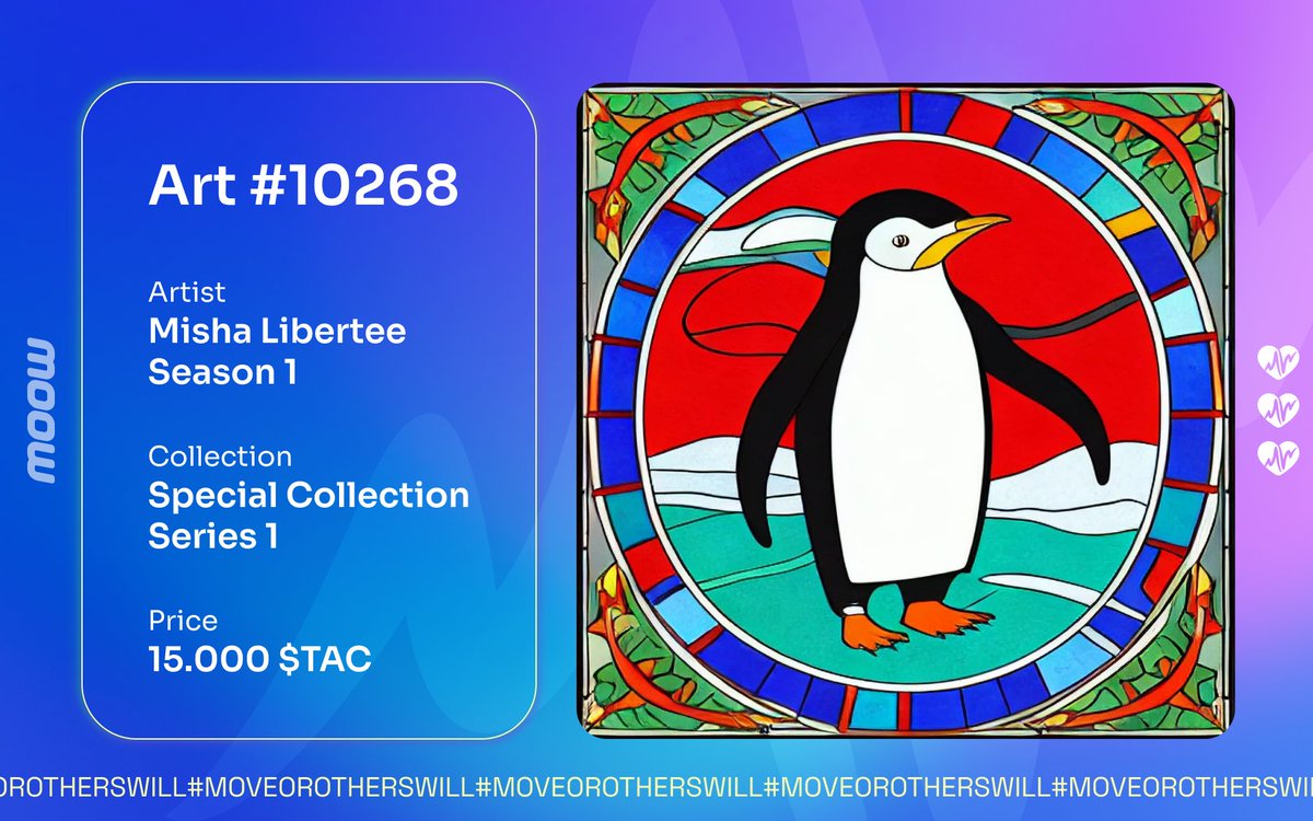 🐧 This stunning NFT presents a colorful depiction of a penguin created by Misha Libertee

👇 Here's a little more info about it:

🌟 Season 1

🔖 Special Collection Series 1

🪙 Price: 15,000 $TAC

👀 Look for this Аrt on our in-game marketplace