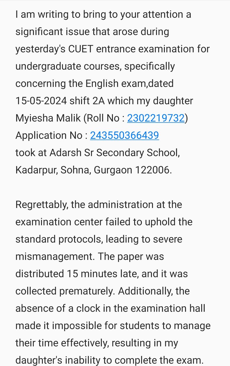 malik_vidya's tweet photo. @NTA_Exams Urgent Complaint Regarding CUET Entrance Examination Mismanagement https://t.co/4rKZ5DJ3R5