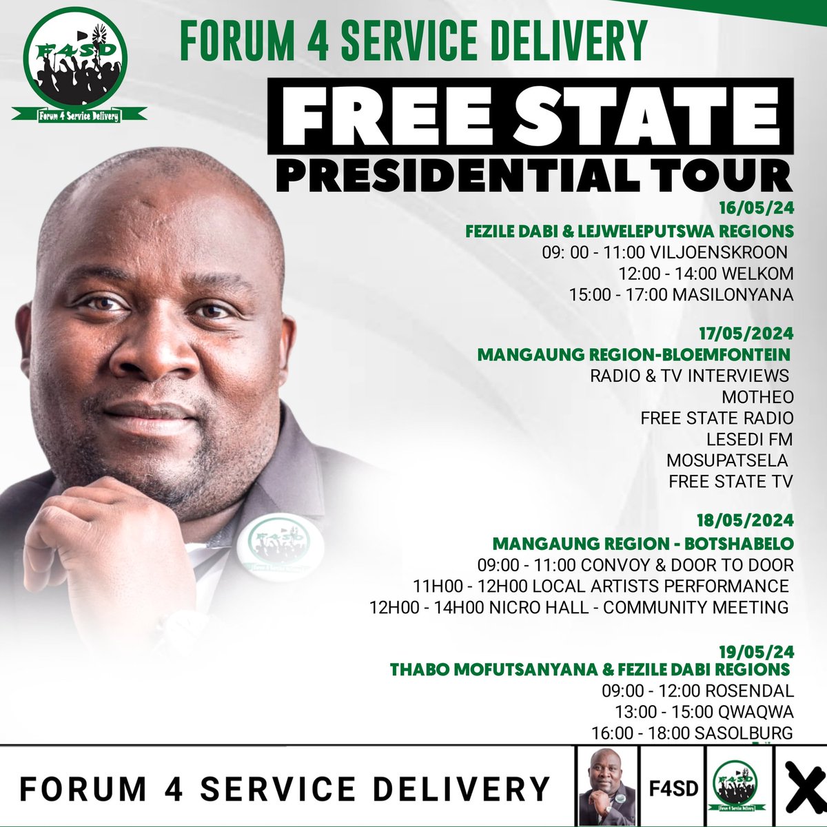 Mangaung Stand Up!!
F4SD Presidential Tour coming your way. Today!
#vote24 #vote2024 #Elections24