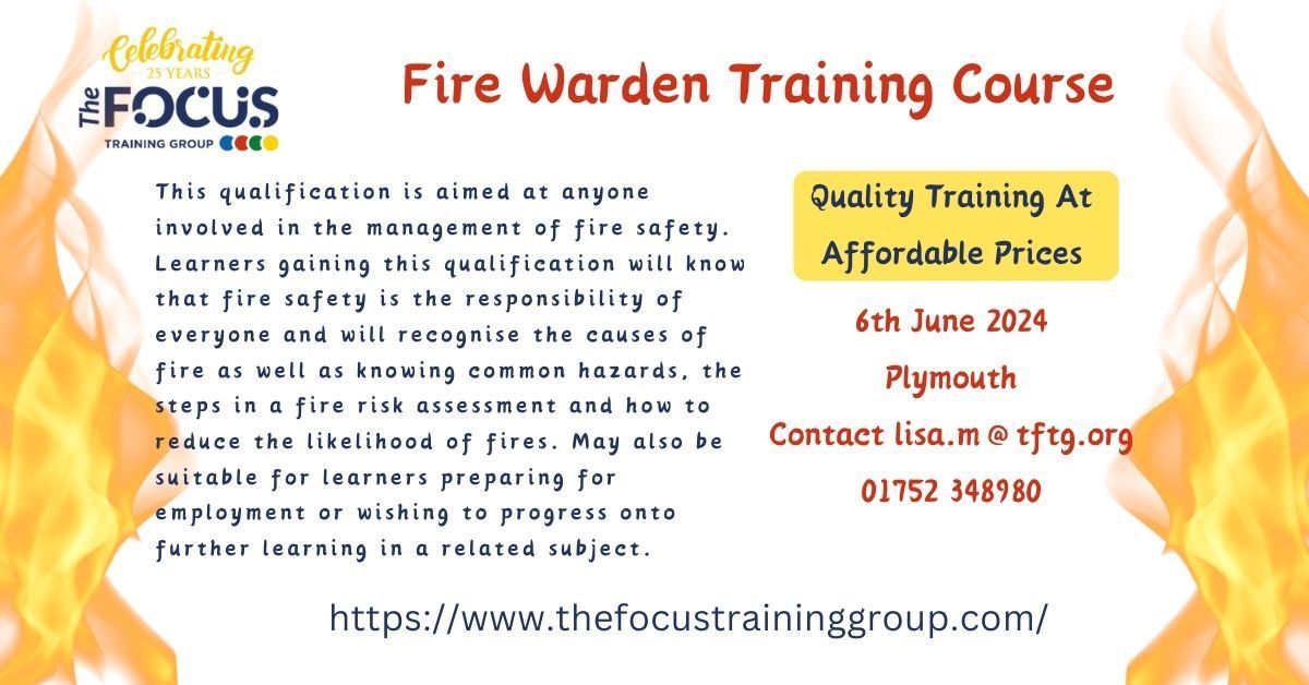 Enrol in our upcoming Fire Warden Training Course in Plymouth on 6th June 2024. Equip yourself with vital knowledge and skills essential for ensuring the safety of your team and workplace, all for £85+VAT per person. Contact lisa.m@tftg.org call 01752 348980