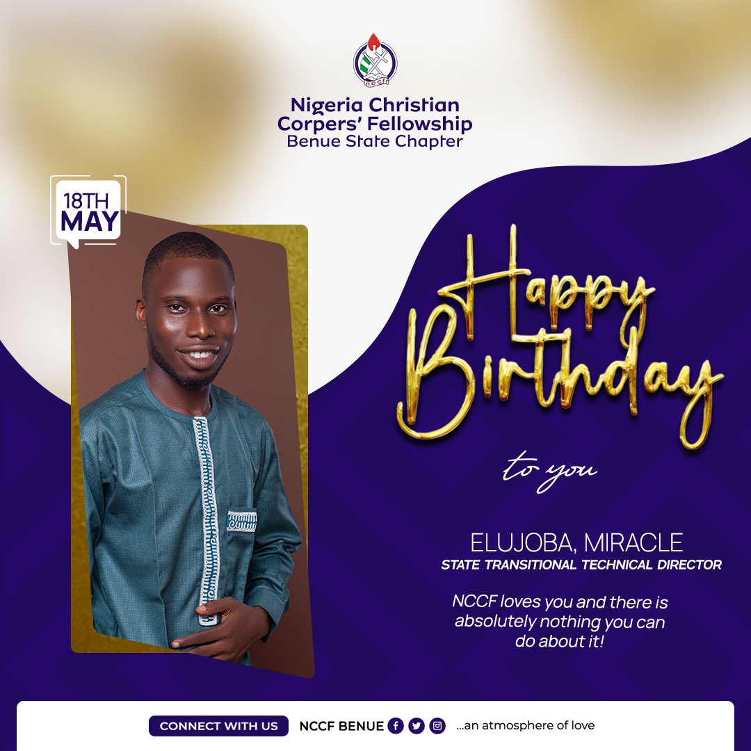 On this special day, we celebrate our Technical Director, Elujoba Miracle.🥳

May the years ahead be filled with joy, fulfillment and your labour of love will never be in vain.✨

#nccf #nccfamily❤️ #happybirthday #birthdayflier #jesuscorpers #tapswap #Dangoterefinery