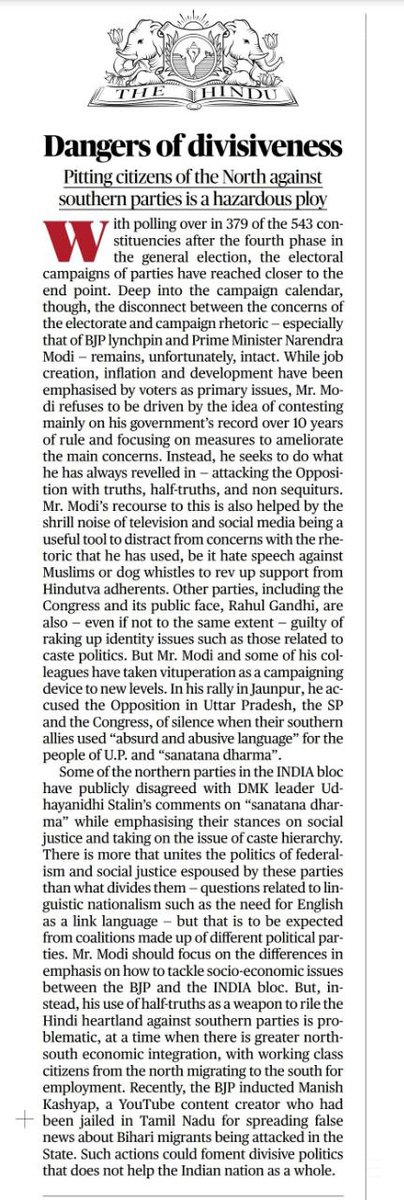 Ji's use of hate and half-truths, helped by the shrill noise of television and social media as a weapon to rile the Hindi heartland against southern parties, is problematic at a time when there is greater north-south economic integration and working-class citizens from the north