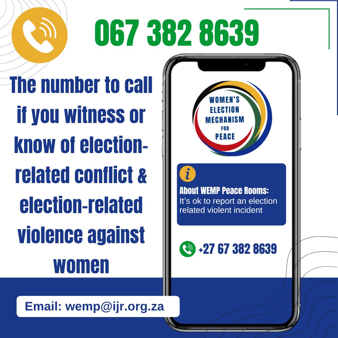 Call 067 382 8639 if u witness or know of election-related conflict & election-related violence against women. 📩 wemp@ijr.org.za Call the Women’s Election Mechanism for Peace #WEMP Peace Rooms who will respond to incident reports & also receive media & visitors #SAElections