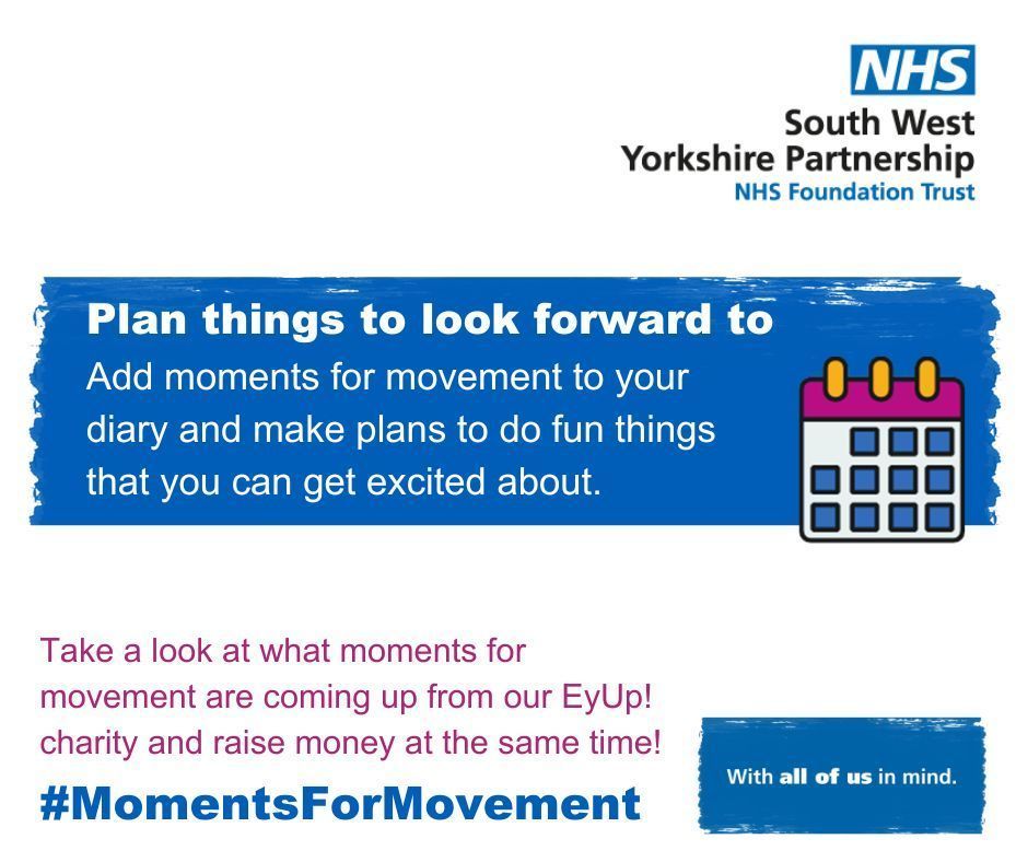 SouthWestYorkshire Partnership NHS FoundationTrust (@allofusinmind) on Twitter photo Making plans for your #MomentsForMovement means you're more likely to stick to them. Why not see what activities our <a href="/EyUpCharity/">EyUp! NHS Charity</a> has coming up so you can feel good and do good at the same time? 💙 buff.ly/3UwTCSc Making plans for your #MomentsForMovement means you're more likely to stick to them. Why not see what activities our <a href="/EyUpCharity/">EyUp! NHS Charity</a> has coming up so you can feel good and do good at the same time? 💙 buff.ly/3UwTCSc