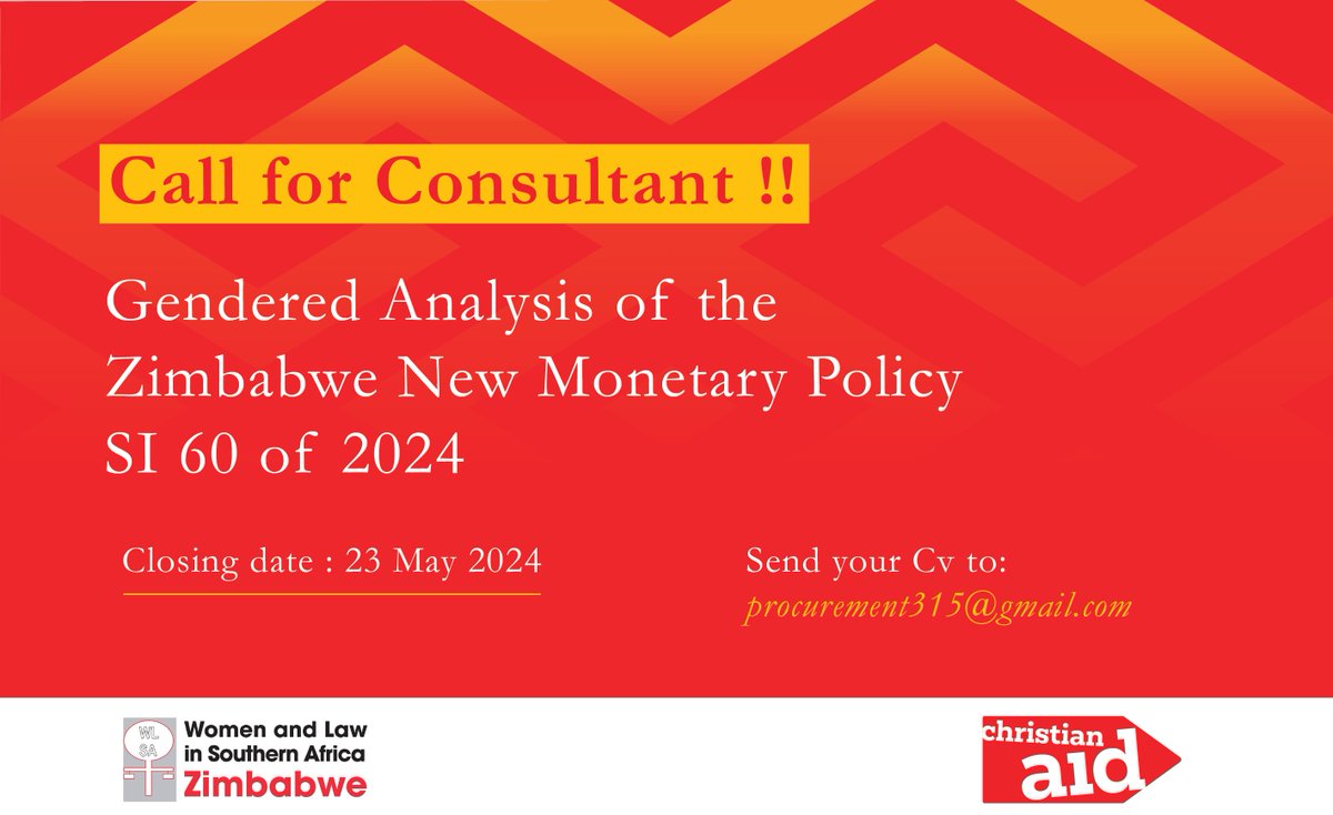 📣Consultancy Opportunity #WLSA is seeking a consultant to undertake a gender analysis of the Zimbabwe New Monetary Policy and the incorporation of the new currency. Full terms of reference: bit.ly/3QKTJIz Deadline for applications: 23 May 2024