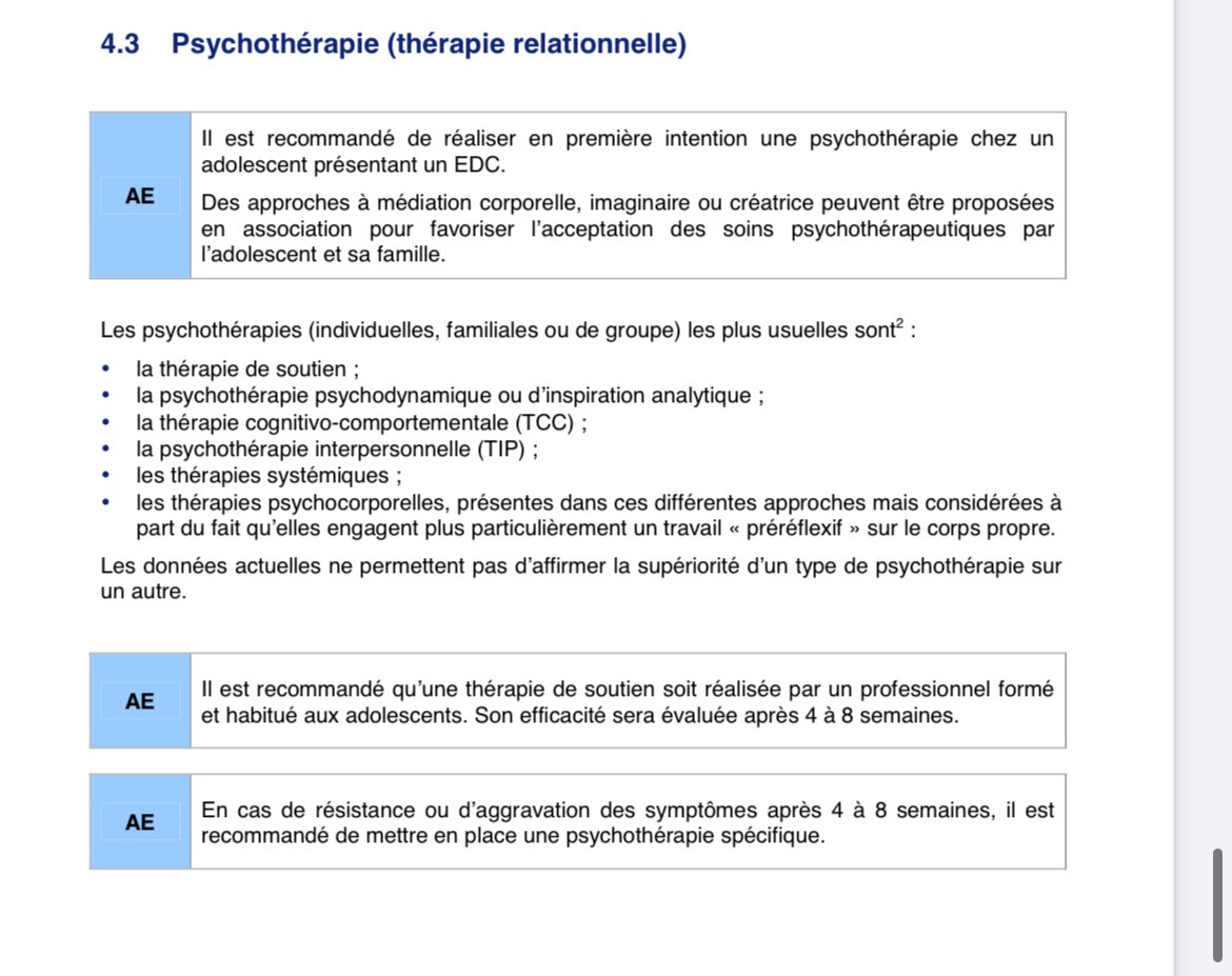 D'après les recommandations de la @HAS_sante de 2014 au sujet de la dépression de l'adolescent, une thérapie de soutien est initialement recommandée durant 4 à 8 semaines, avant d'envisager toute forme de psychothérapie spécifique (psychanalyse, TCC, systémie). 1/