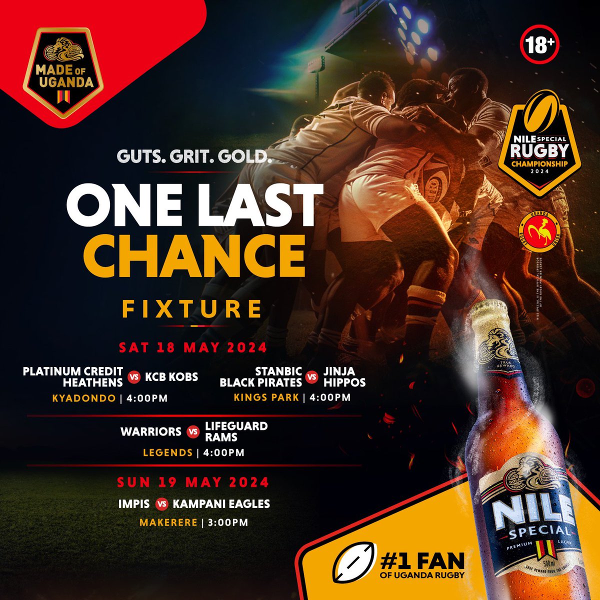 Saturday is rugby day…. And the big boys will be in the last Semi final round. I have a good feeling about my team..
#RaiseYourGame 
#GutsGritGold 
#NileSpecialRugby