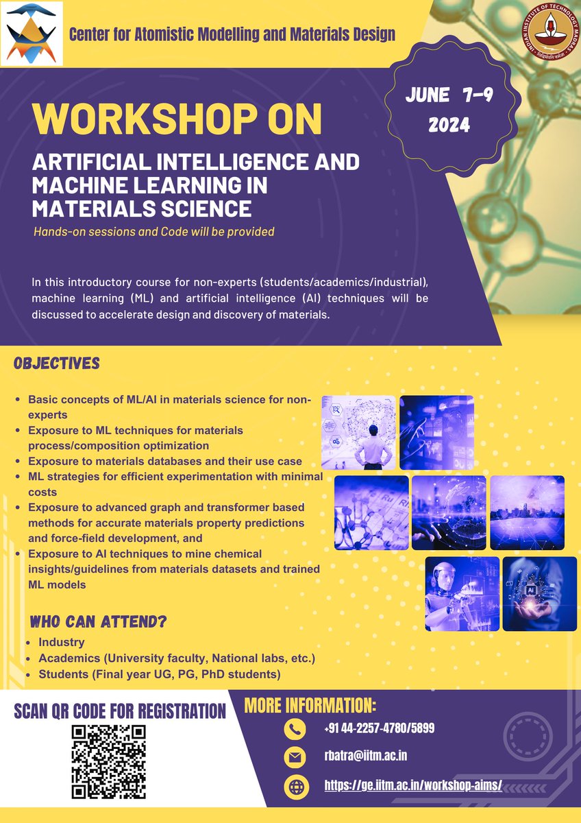 The Center for Atomistic Modeling and Materials Design at @iitmadras is hosting an intensive three-day hands-on course on 'Artificial Intelligence in Materials Science (CAMMD-AIMS, 2024).' #cammd #iitmadras Registration Link: code.iitm.ac.in/code-programs/…