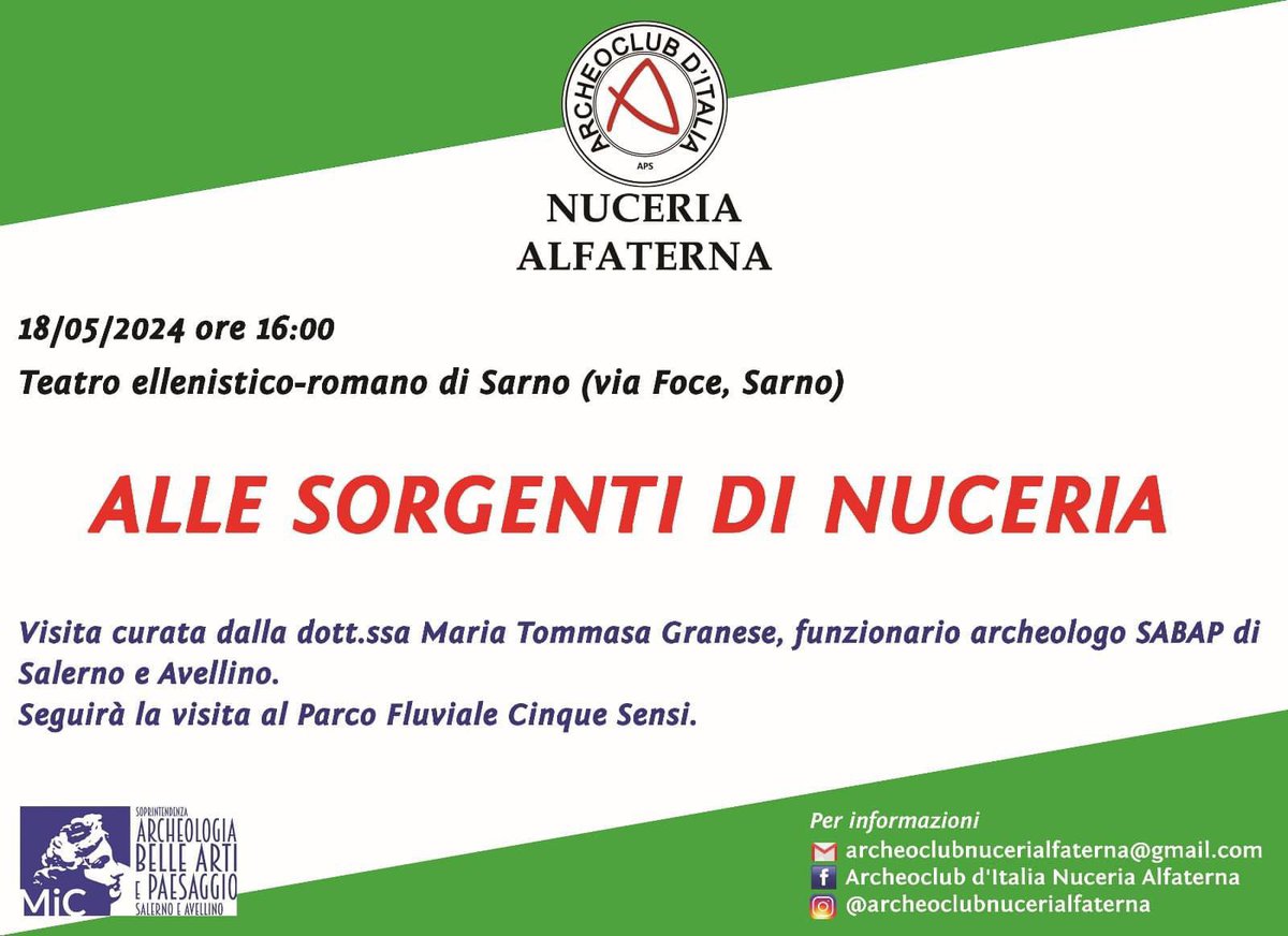 sabap_salerno's tweet image. ‼️ Oggi 18 maggio, alle ore 16, nell’ambito del III ciclo di seminari “Nuceria. Il Progresso degli Studi” promossi dall' Archeoclub d'Italia Nuceria Alfaterna, presso il Teatro Ellenistico-Romano di Sarno (SA) si terrà una visita a cura della dott.ssa Maria Tommasa Granese.