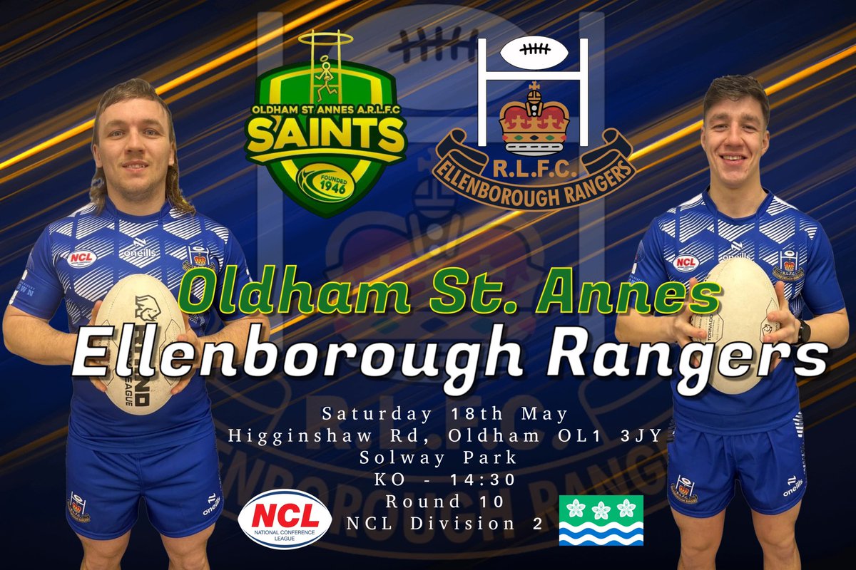 📅 Saturday 18th May 🏆 @OfficialNCL Division Two ⏰ 2.30pm 👕 @OldhamStAnnes 🆚️ @ElbraRangers 🏟 Higginshaw Road, OL1 3JY #ILoveRugbyLeagueMe #Mols2 #thumbsupforfreddie #RememberRycroft