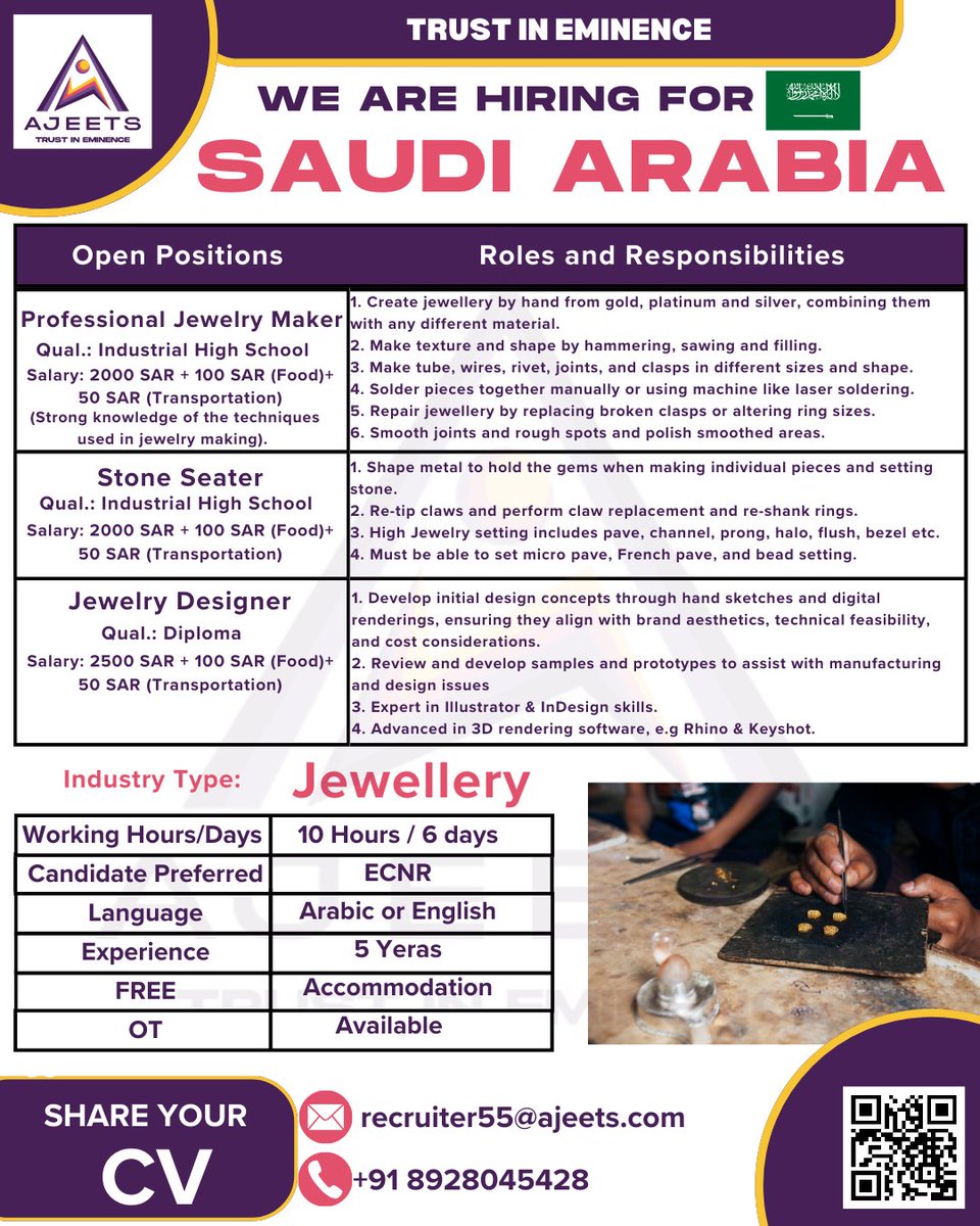 Urgent Hiring for Saudi Arabia !!!
#saudijobs #gulfjob #jobseeker #jwelerydesign #jwelerymaker #jwelerydesigner #stoneseater #jwelerydesignjob #urgenthiring #candidates #india #mumbai #delhi #chennai #banglore #hydrabad #lucknow
