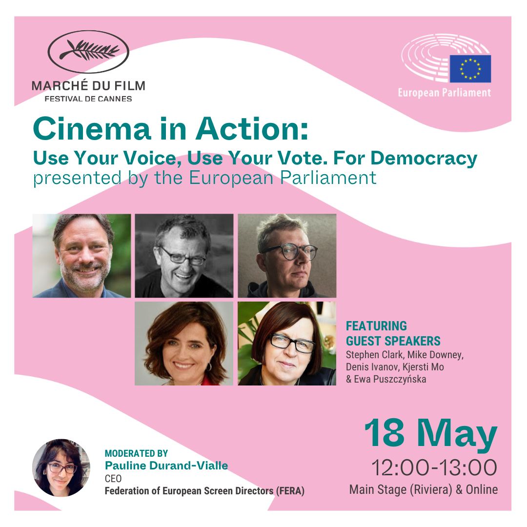 📌 Today at @mdf_cannes, the @Europarl_EN will host a panel debate on 'Cinema in Action: #UseYourVoice. #UseYourVote. For Democracy'.
It will look into the upcoming European elections and what they mean for the cinema sector. Don't miss it, this concerns us all.  🇪🇺