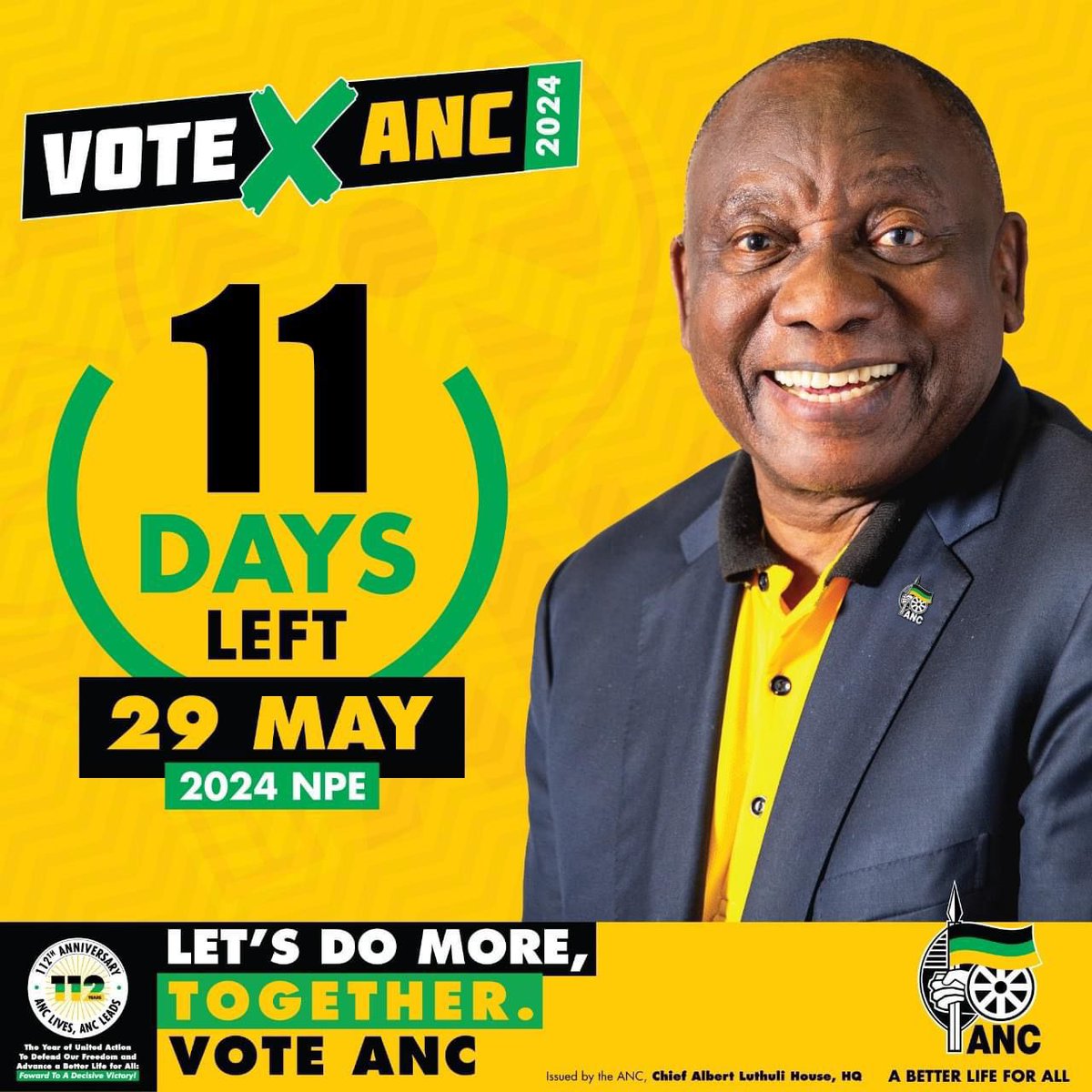 11 Days to go until the 2024 National and Provincial Elections, vote ANC on the 29th of May 2024. 1st Ballot: #VoteANC ❎ 2nd Ballot: #VoteANC ❎ 3rd Ballot: #VoteANC ❎ #VoteANC2024 #LetsDoMoreTogether ⚫️🟢🟡