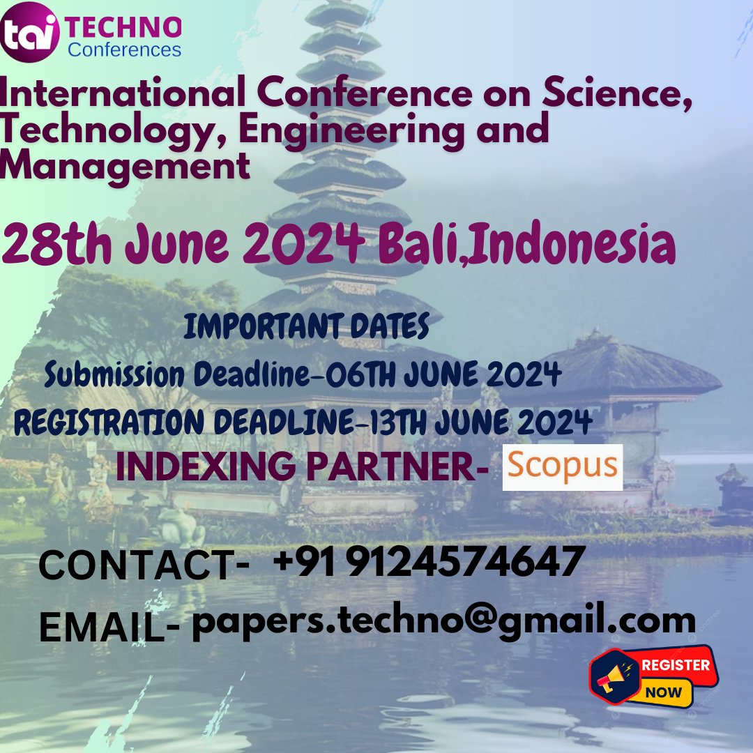 techno_conf's tweet image. Get ready for the International Conference on Science, Technology, Engineering and Management (ICRASTEM) on 28th June 2024 in Bali, Indonesia.
Visit for more details: technoconferences.com/Conference/125…
For more queries contact us;
Email-papers.techno@gmail.com
#TechnoConference #2024event