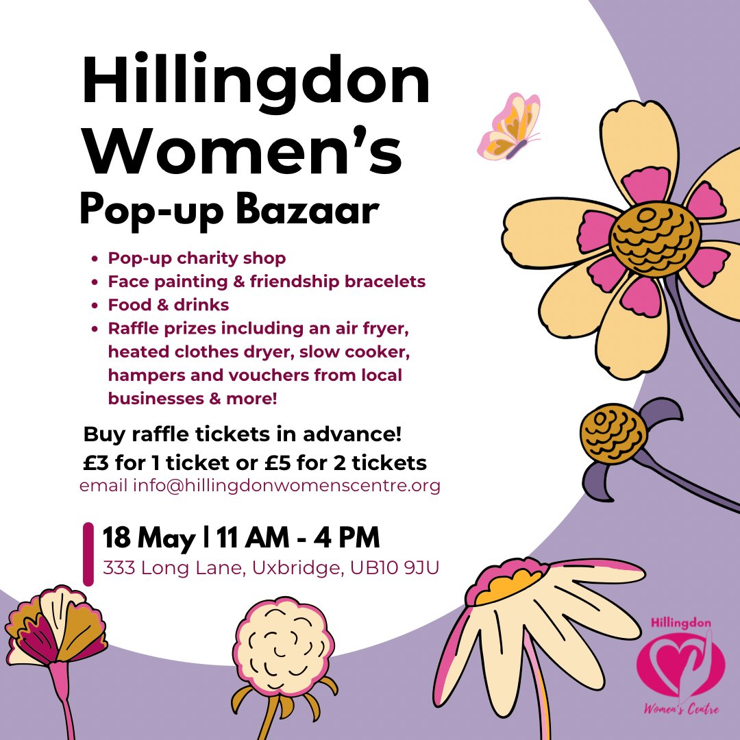 Today is the #Hillingdon Women’s Pop-up Bazaar! Stop in from 11-4 for charity shopping, face painting, food, drinks and an all-around good time 🎉

Don’t forget to buy some #raffle tickets for a chance to win some amazing prizes! #popup #charityshop #fundraiser 

All are welcome!