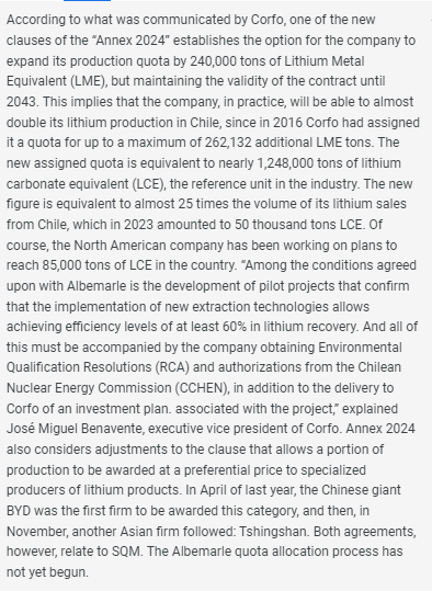 jczuleta's tweet image. #Albemarle expands its #lithium production quota in Salar de Atacama: See the translated excerpt below:  msn.com/es-cl/noticias…. 
This will allow it to expand its annual production by ≈71kt LCE beginning 2025 until 2043 so long as it recovers at least 60% of the Li.
#Chile