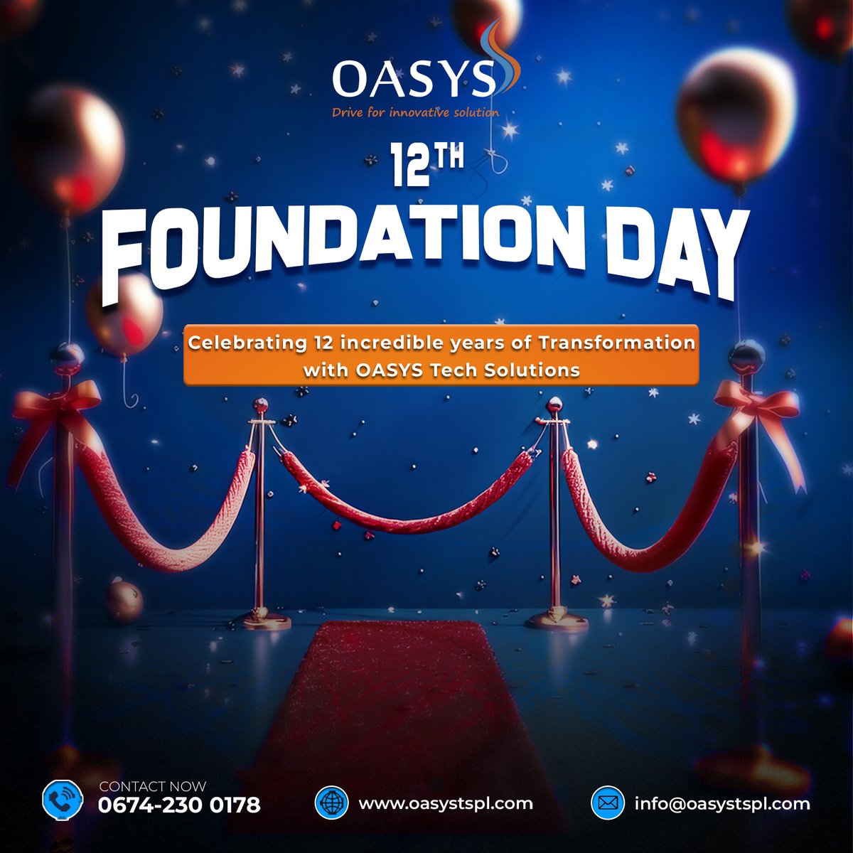 Celebrating 12 incredible years of innovation and excellence!  Happy Foundation Day to Oasys Tech Solutions.  Thank you to our dedicated team and loyal clients for making this possible.
#OasysTechSolutions #FoundationDay #techforinnovation #teamoasys