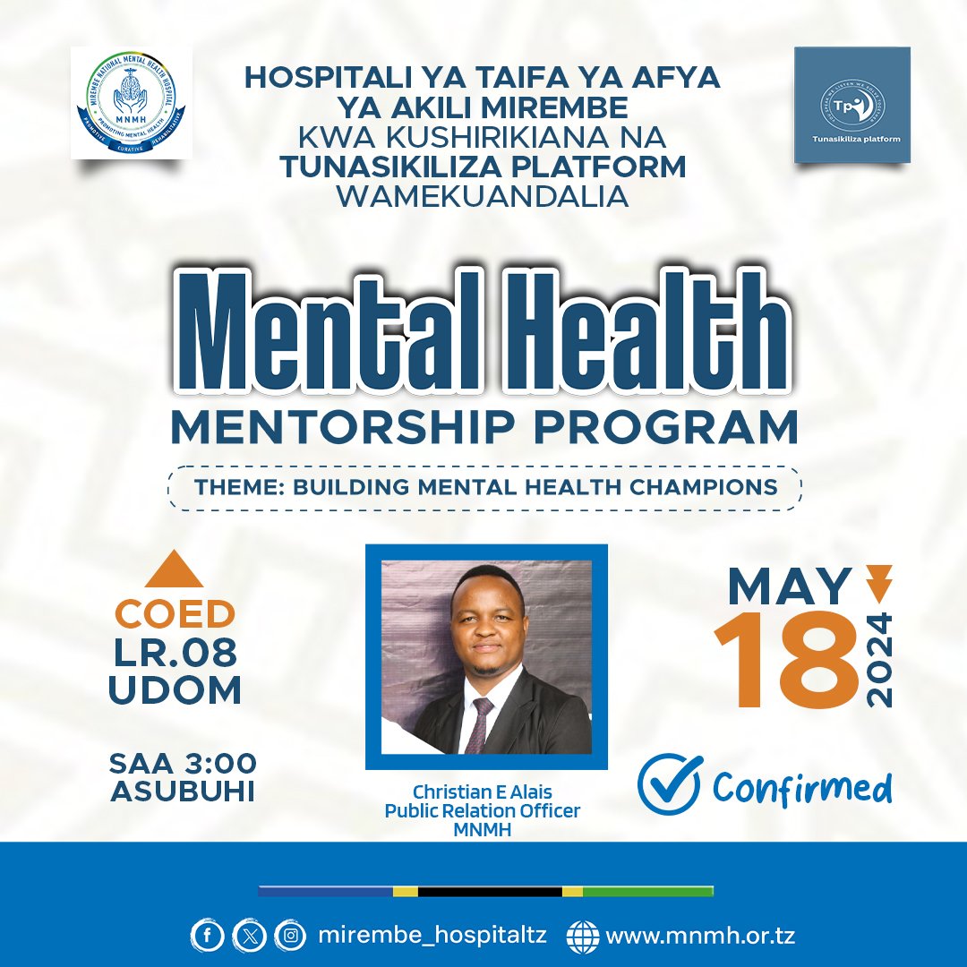 Mirembe National Mental Health Hospital (@mirembe_hosptz) on Twitter photo Ni Leo May 18
Hospitali ya <a href="/Mirembe_hosptz/">Mirembe National Mental Health Hospital</a> Kwa kushirikiana na Tunasikilizana Platform <a href="/Tunasikiliza/">Tunasikiliza Platform</a> Tumekuandalia
"Mental Health Mentorship Program"
Ni kuanzia Saa Tatu Asubuhi hii
Theme:
"Building mental and Health Champion" Ni Leo May 18
Hospitali ya <a href="/Mirembe_hosptz/">Mirembe National Mental Health Hospital</a> Kwa kushirikiana na Tunasikilizana Platform <a href="/Tunasikiliza/">Tunasikiliza Platform</a> Tumekuandalia
"Mental Health Mentorship Program"
Ni kuanzia Saa Tatu Asubuhi hii
Theme:
"Building mental and Health Champion"