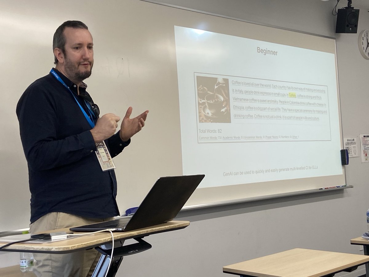 ⁦<a href="/paul__call/">Paul Raine</a>⁩ giving a very interesting explanation of Eigo.ai as an AI-based 4-skill language learning support site! It looks amazing!! Check it out at #jaltcall2024 ⁦<a href="/jaltcall/">JALTCALL</a>⁩