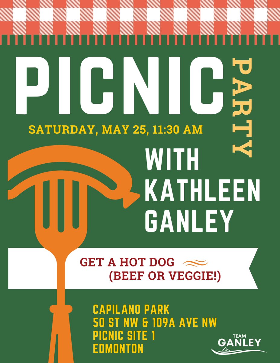 Join Team Ganley for a picnic party next Saturday in Edmonton! 🎉🥳 Free food, important discussions about the future of our province. Bring the whole family! Register here so we make sure we've save you a hot dog and some other snacks: Events.TeamGanley.ca/hotdogsinthepa… #ableg #yeg