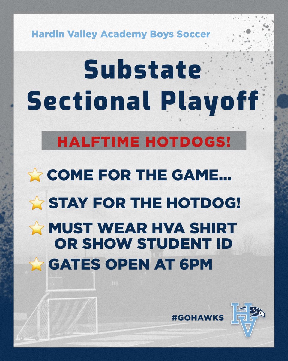 📢 Hey HVA Students‼️ ✅Come for the game - 🌭Stay for the halftime (free) hotdog!! 👕Wear HVA shirt or show Student ID 😎 Show up & GET LOUD! #boyssoccer #GoHawks #family @HVAAthletics @HVAHawks @HVAHawkeye @HVAstudentsect @HVA_SC