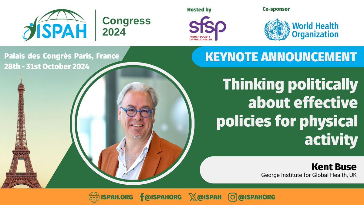 📢 Keynote Announcement #ISPAH2024

🏃 This session will focus on the actions needed to shape the political landscape to ensure greater priority, resource allocation and investment to support #PhysicalActivity for all.

🔗 buff.ly/3QQFQc3

@SFSPasso @WHO @kentbuse