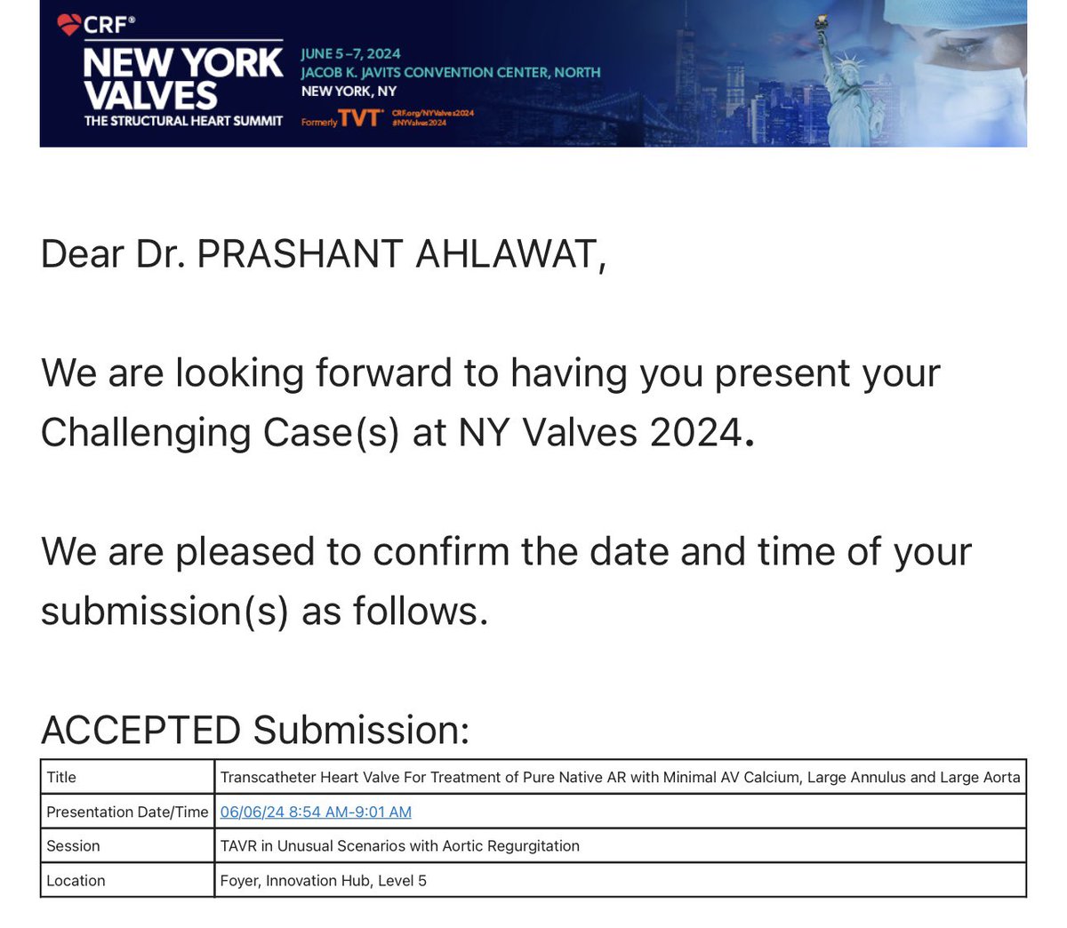 I am pleased to announce that my case of Native AR with large annulus and large Aorta has been accepted for presentation at #NYValves2024. I am grateful for the opportunity and deeply appreciative of my mentors @CedarsSinai for their invaluable support and guidance.