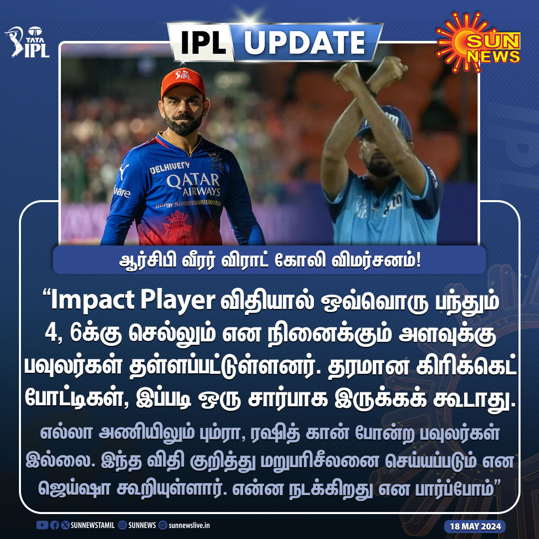 #IPLUpdate | Impact Player விதியை விமர்சித்த விராட் கோலி!

#SunNews | #ViratKohli | #ImpactPlayer | #IPL2024