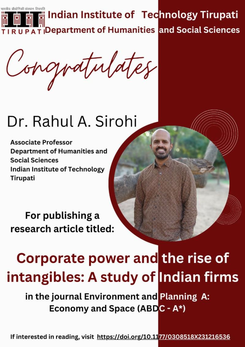 Our faculty member Dr. Rahul A. Sirohi's research article, titled 'Corporate Power and the Rise of Intangibles: A Study of Indian Firms' has been published. Congratulations to Dr. Rahul A. Sirohi on this remarkable achievement!