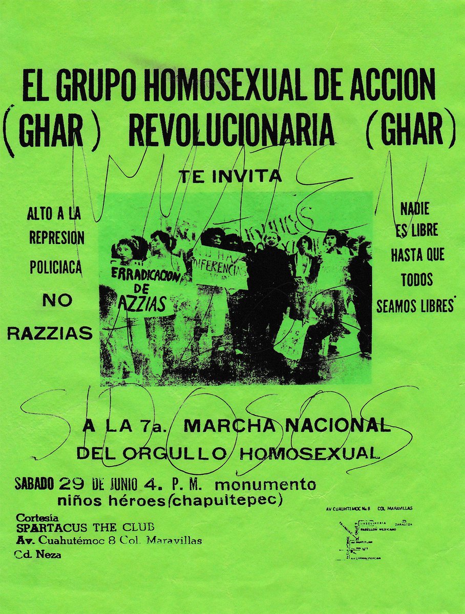 Autor No Identificado y Grupo Homosexual de Acción Revolucionaria (GHAR) Intervención con tinta sobre un volante para la 7a Marcha del Orgullo Homosexual con la leyenda 'Maten a Los Sidosos' (1985) Diseño por Gerardo Ortega 'La Mema'