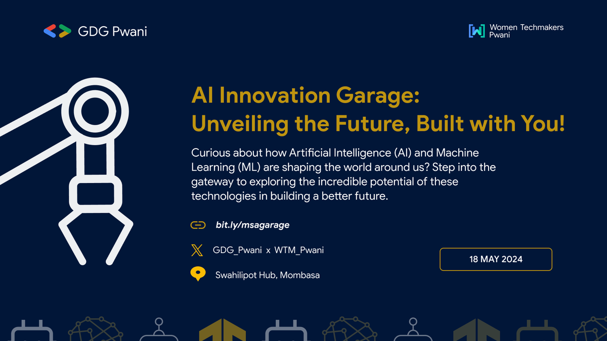 Calling all #Pwani Tech enthusiasts! Want to build a smarter future with AI & Machine Learning? Join us today at Swahilipot Hub, Mombasa. #AI #MachineLearning #GDGPwani #WTM