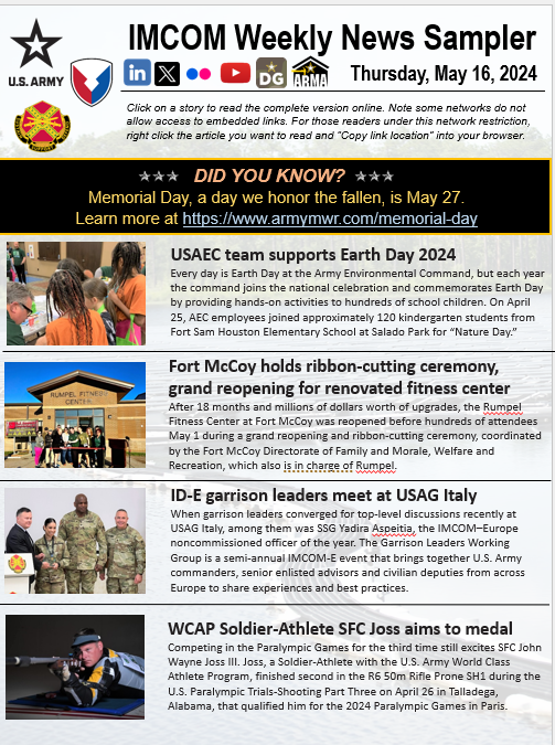Did You Know? Memorial Day, a day we honor the fallen, is May 27. Learn more at spr.ly/6015dpz0X

Environmental news is featured in this week's Sampler, along with stories of Army People’s achievements and dreams. 
 spr.ly/6018dpz0Q

#ArmysHome #PeopleFirst