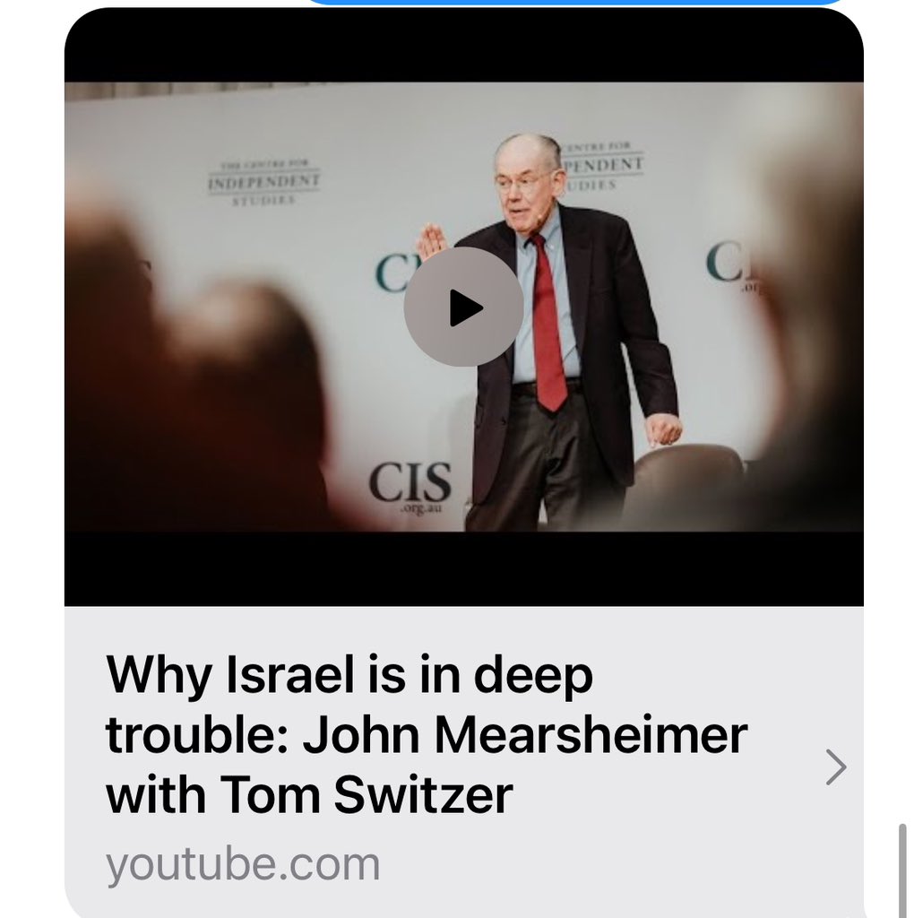 Why Israel is in deep trouble, nationally and globally. A lecture by author and political scientist John Mearsheimer and Q&A with Tom Switzer @CISOZ This is worth a watch. m.youtube.com/watch?si=VyYwa…