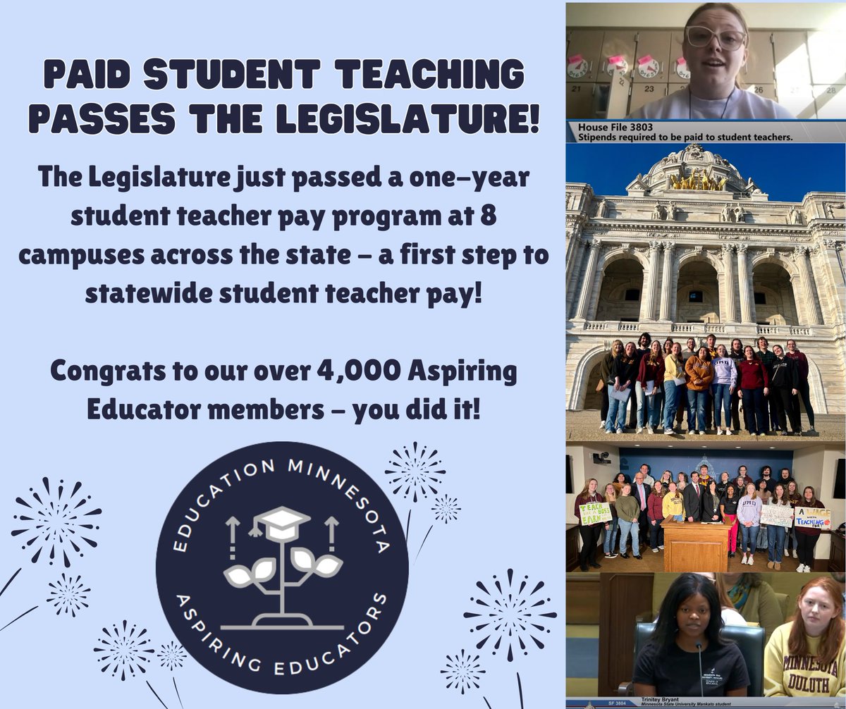PAID STUDENT TEACHING PASSES THE LEGISLATURE! This one-year pilot program will change lives by making it more affordable to become a teacher in MN. THANK YOU to our aspiring educator members and everyone who made this happen!! #mnleg #edmnvotes