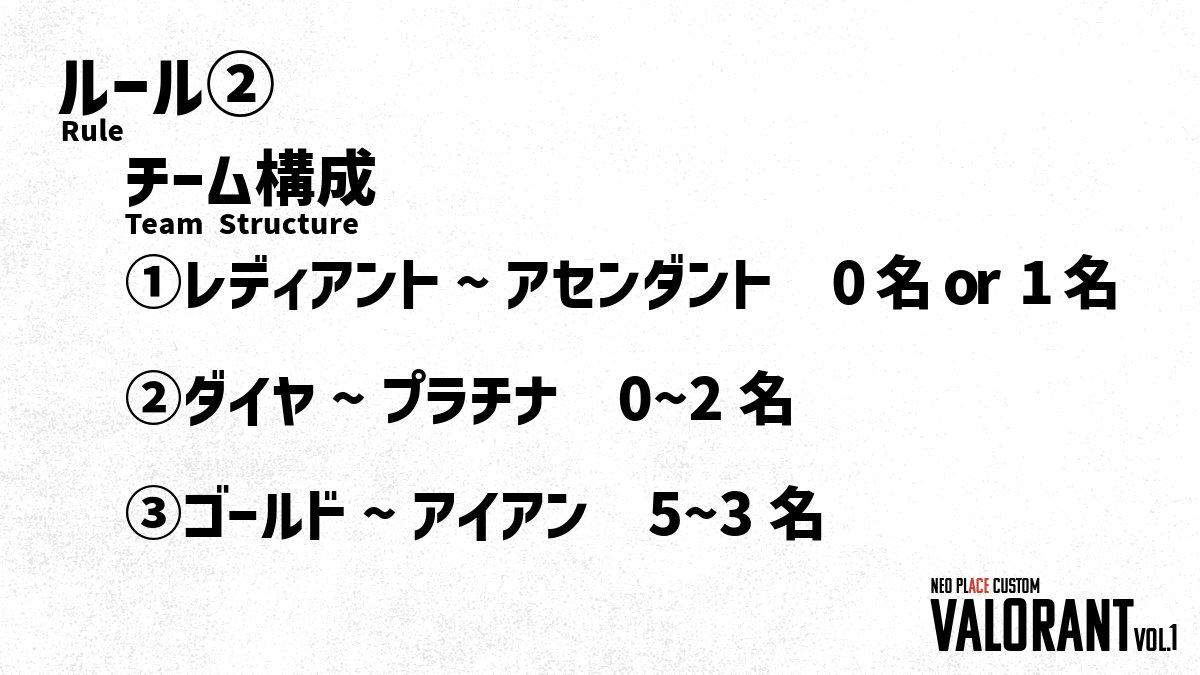 neoplaceOA's tweet photo. 【お知らせ】
NEO PLACE CUSTOM Vol.1 "VALORANT"開催!
日時:2024/6/15 19:00~
募集チーム数:8
チーム構成・特殊ルール規定有※画像参照
参加者全員にオリジナルヘッダーをプレゼント!
優勝チームには特別なプレゼントがある・・・かも?
詳しくはNEO PLACE Discord Serverをチェック✅
https://t.co/8eAMnn9ArR
#valorant
#NEOPLACE